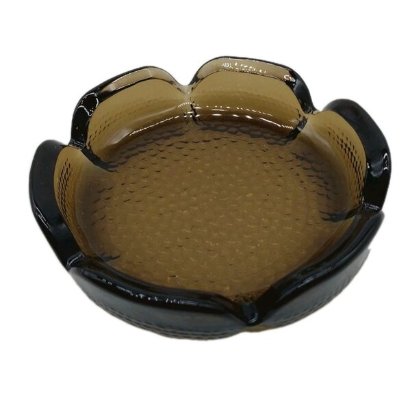 Blenko Amber Brown Pebble Bottom Round Glass Flower Petal Ashtray Vintag - Picture 1 of 7